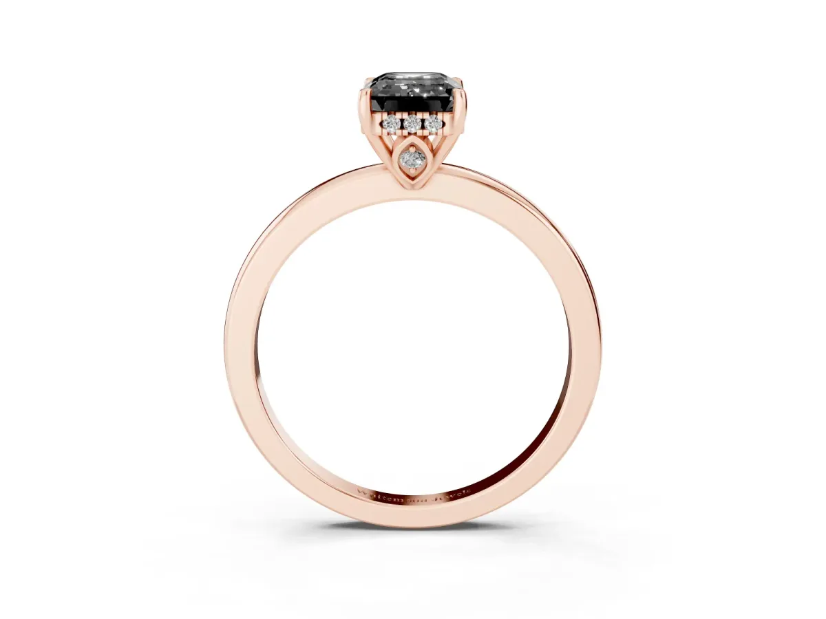 Fancy Black Emerald Cut Solitaire Diamond Ring with Prong Setting and Plain Band Rose gold