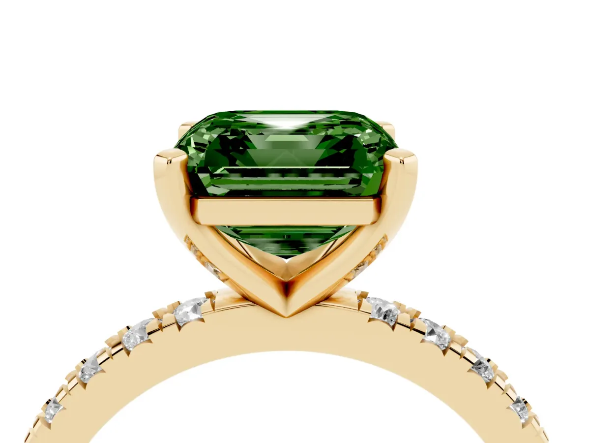 Fancy Green Asscher Cut Diamond Pavé Band Solitaire with Four-Prong Setting Yellow gold
