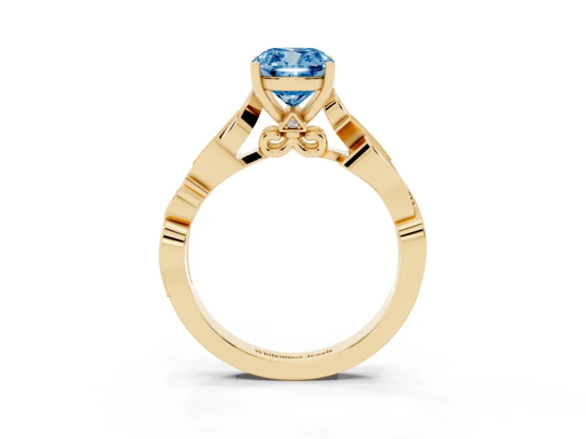 Fancy Blue Cushion Cut Solitaire Vine Band with Milgrain Prong Setting Yellow gold