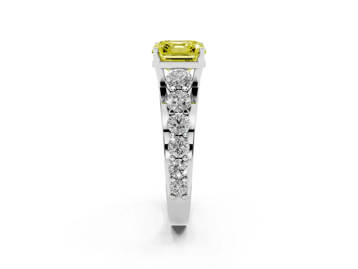 Fancy Yellow Asscher Cut Diamond Engagement Ring with Pavé Band and Four-Prong Setting Silver