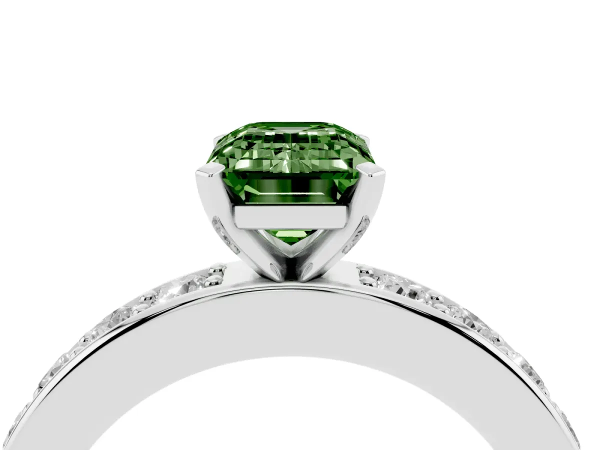 Fancy Green Emerald Cut Diamond Engagement Ring with Channel Set Round Band and Prong Setting Platinum
