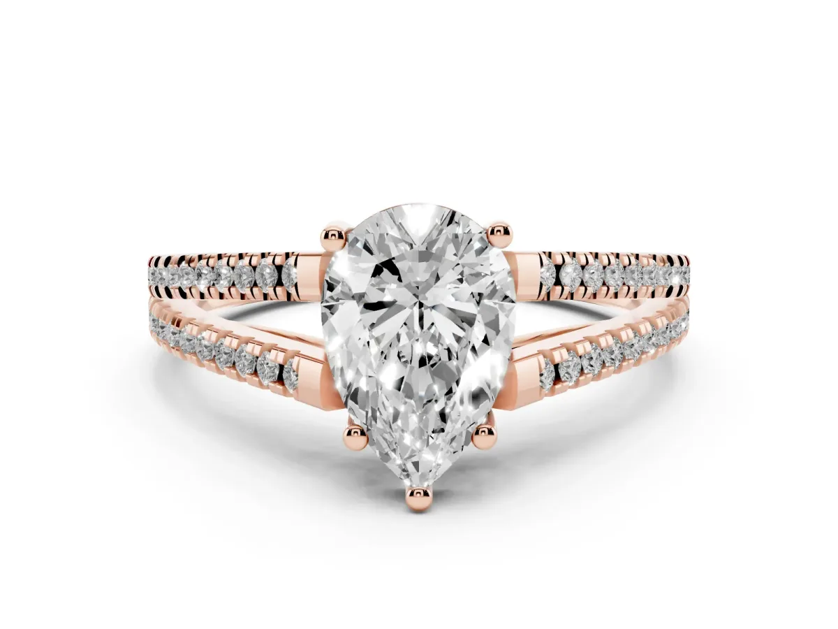 Pear Cut Diamond Solitaire Engagement Ring with Split Shank Pavé Band Rose gold