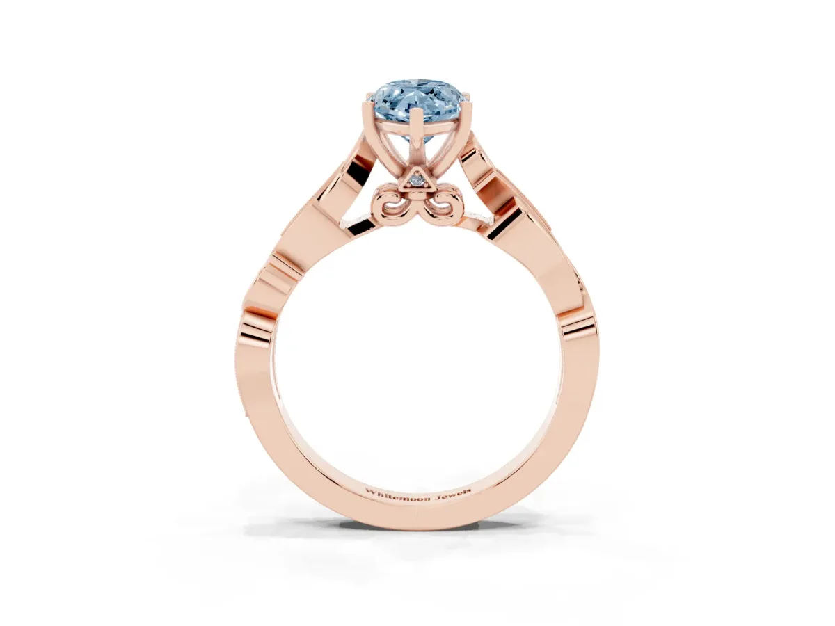 Fancy Blue Marquise Cut Solitaire Vine Band with Milgrain Prong Setting Rose gold