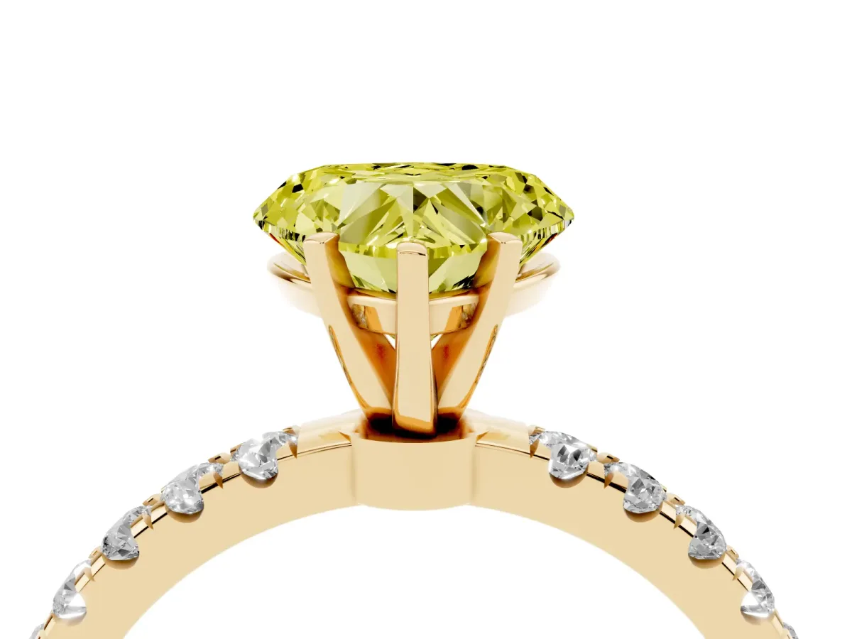 Fancy Yellow Heart Cut Diamond Solitaire Ring with Pavé Accents and Four-Prong Setting Yellow gold
