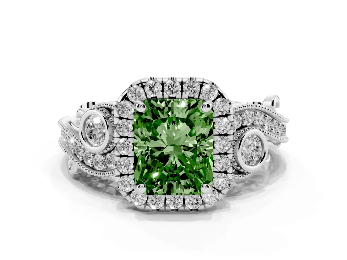 Fancy Green Radiant Cut Diamond Halo Ring with Milgrain Pavé Band and Four-Prong Setting Platinum
