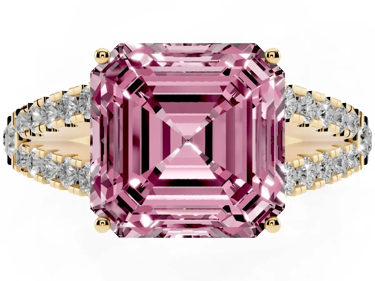 Fancy Pink Asscher Cut Diamond Split Shank Pavé Engagement Ring with Four-Prong Setting Yellow gold