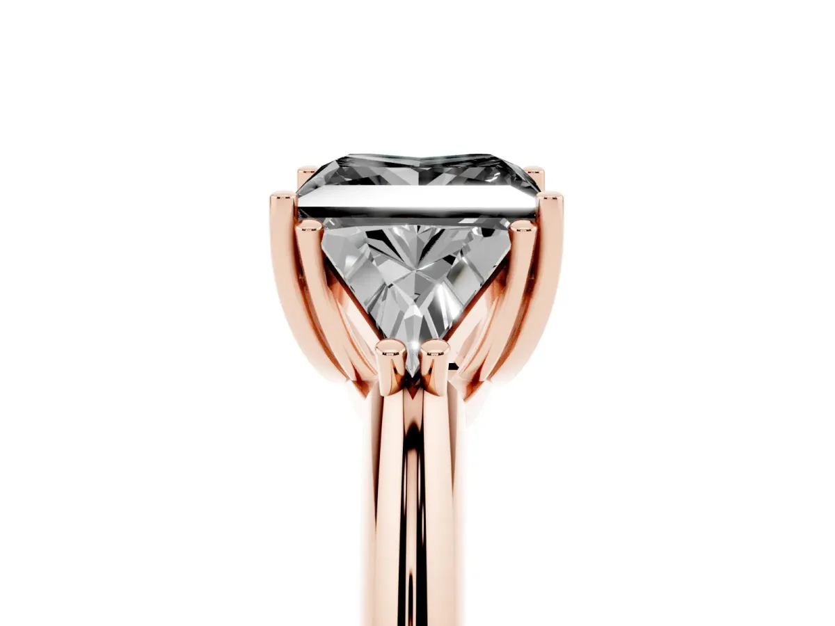Fancy Black Three-Stone Princess Cut Diamond Engagement Ring with Trillion Side Stones and Prong Setting Rose gold