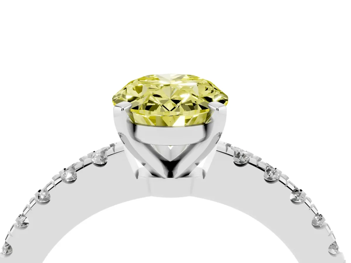 Fancy Yellow Oval Cut Solitaire Diamond with Pavé Band and Four-Prong Setting White gold