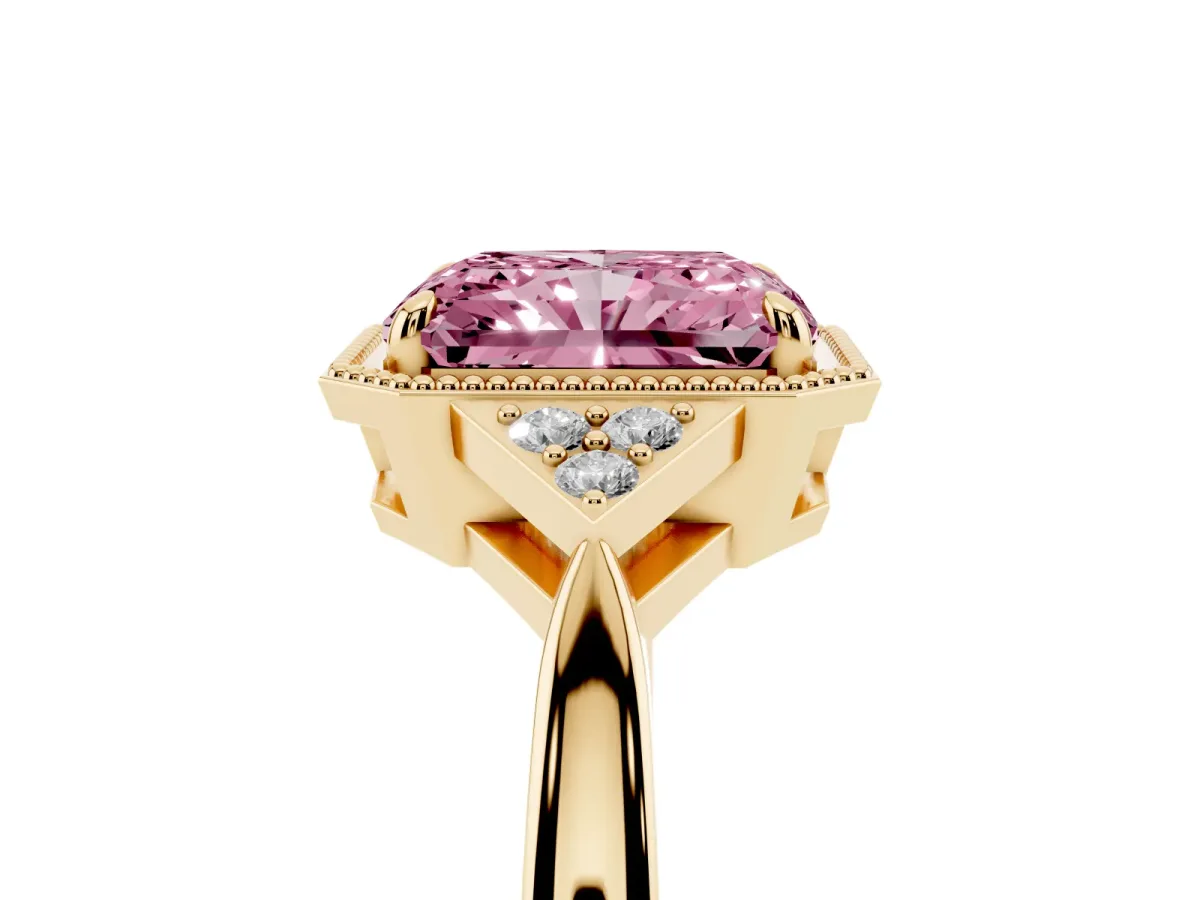 Fancy Pink Radiant Cut Diamond Halo Ring with Tapered Band and Four-Prong Setting Yellow gold