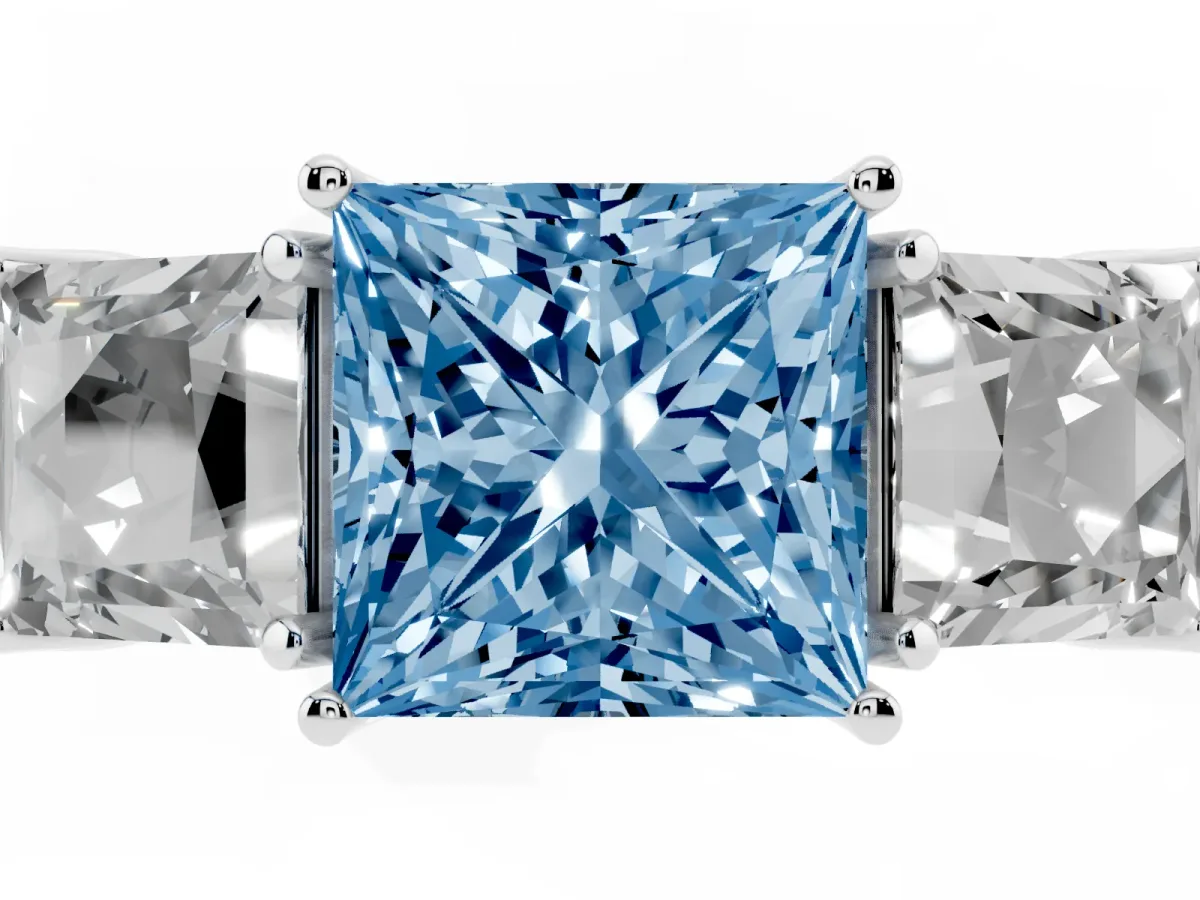 Fancy Blue Three-Stone Princess Cut Cut Milgrain Pavé Engagement Ring Silver