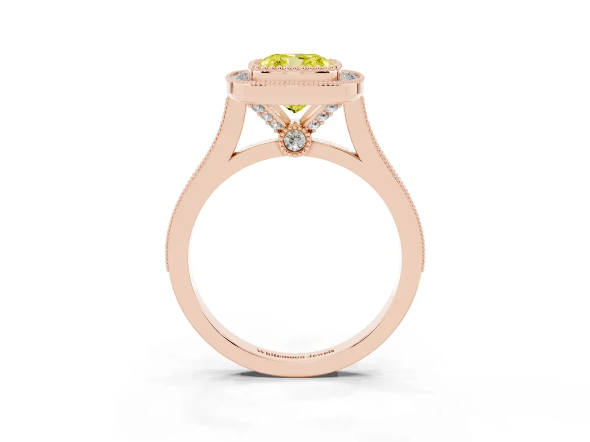 Fancy Yellow Cushion Cut Diamond Halo Ring with Milgrain Frame and Pavé Band Rose gold