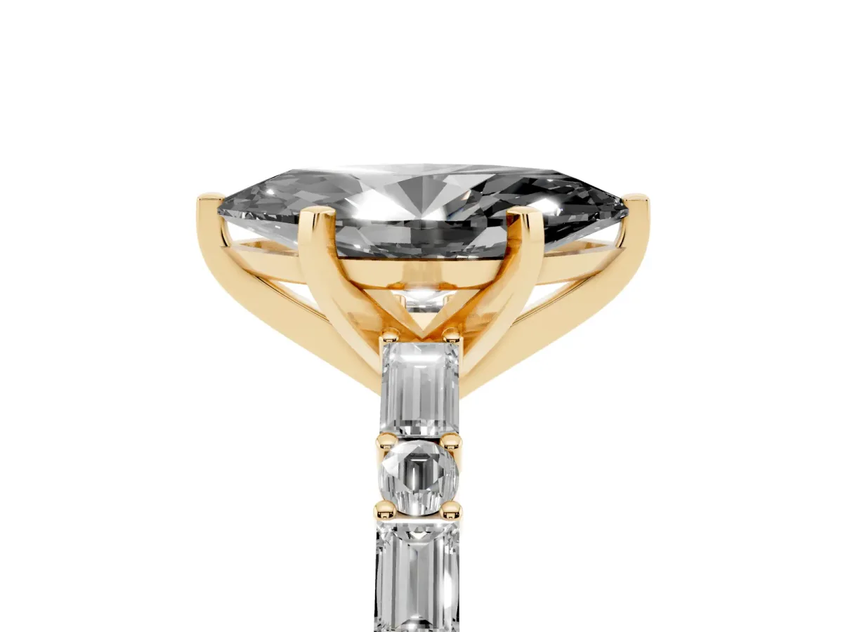 Fancy Black Marquise Cut Diamond Solitaire with Side Baguettes and Channel Set Band Yellow gold