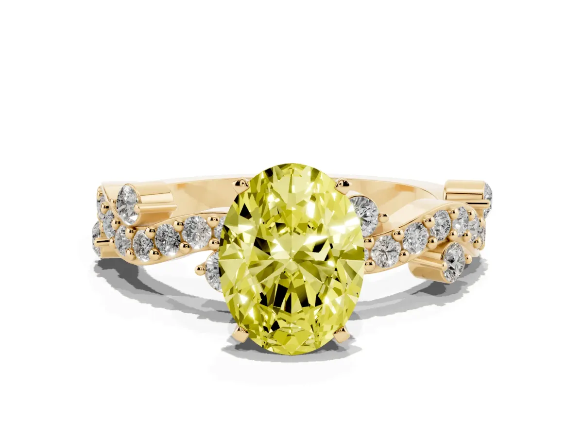 Fancy Yellow Oval Cut Cut Solitaire Diamond Twisted Band with Pave Setting Yellow gold