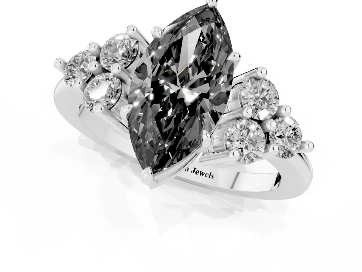 Fancy Black Marquise Cut Brilliant Diamond Cluster Accent Solitaire Ring with Prong Setting Silver