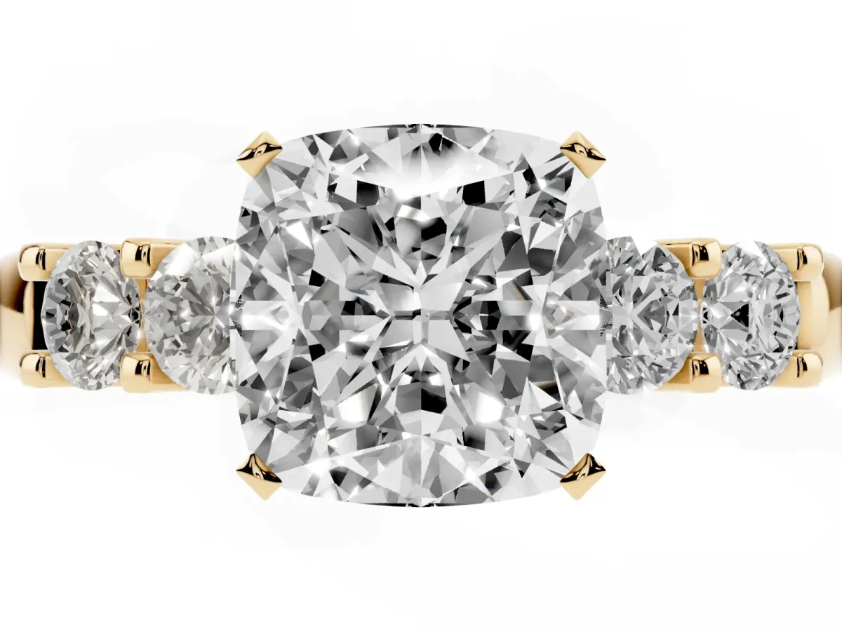 Cushion Cut Brilliant Cut Diamond Five-Stone Prong Set Engagement Ring with Channel Band Yellow gold