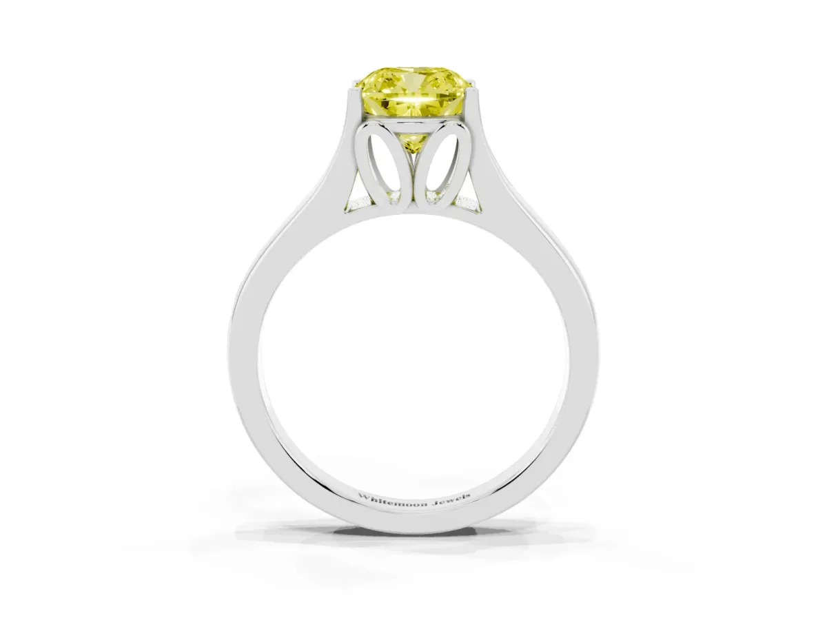 Fancy Yellow Cushion Cut Solitaire Diamond Ring with Cathedral Band and Four-Prong Setting Silver