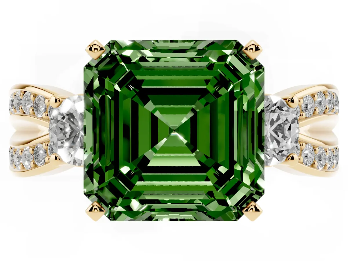 Fancy Green Three-Stone Asscher Cut Cut Diamond Twist Band with Prong Setting Yellow gold