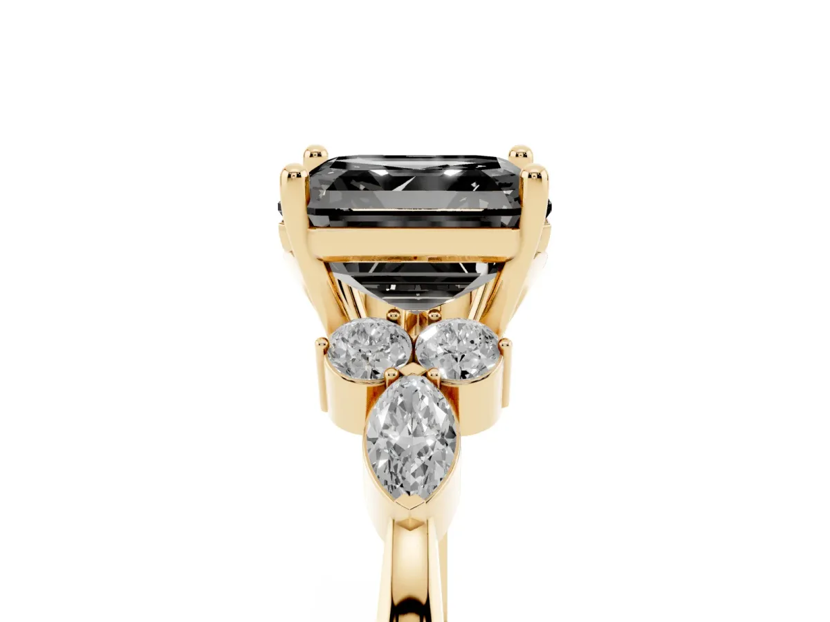 Fancy Black Asscher Cut Brilliant Diamond Solitaire Ring with Pear Side Stones and Four-Prong Setting Yellow gold