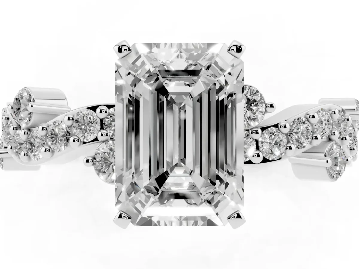 Emerald Cut Cut Solitaire Diamond Twisted Band with Pave Setting White gold