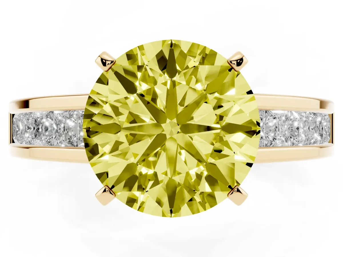 Fancy Yellow Round Cut Solitaire Diamond Ring with Channel-Set Band and Four-Prong Setting Yellow gold