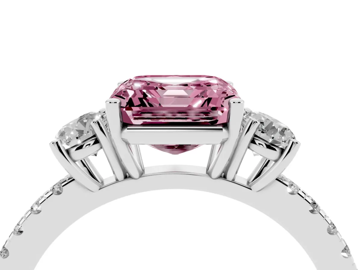 Fancy Pink Three-Stone Asscher Cut Cut Diamond Pavé Band with Prong Setting Silver