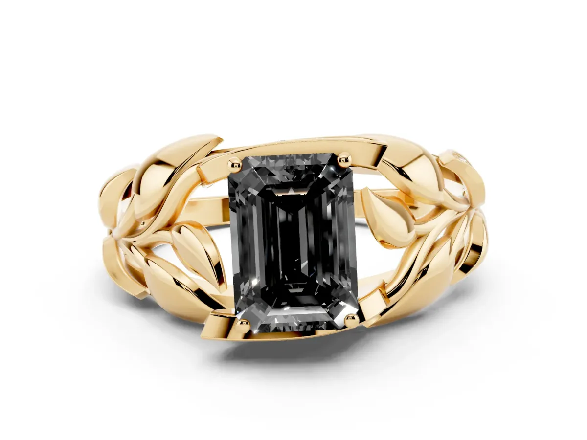 Fancy Black Emerald Cut Diamond Leaf-Inspired Engagement Ring with Round Accents and Prong Setting Yellow gold