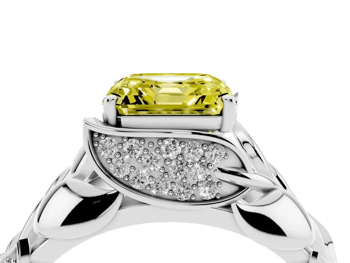 Fancy Yellow Asscher Cut Diamond Leaf-Inspired Engagement Ring with Round Accents and Prong Setting White gold