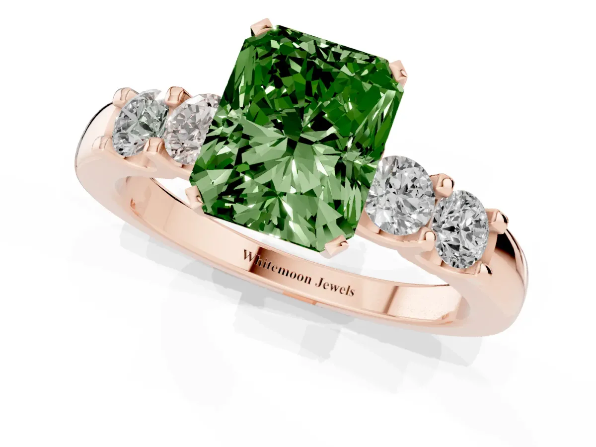Fancy Green Radiant Cut Brilliant Cut Diamond Five-Stone Prong Set Engagement Ring with Channel Band Rose gold