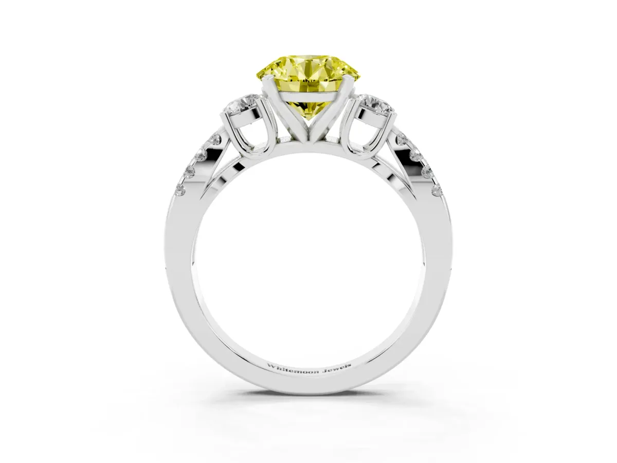 Fancy Yellow Round Cut Diamond Three-Stone Ring with Pavé Split Shank and Four-Prong Setting Silver