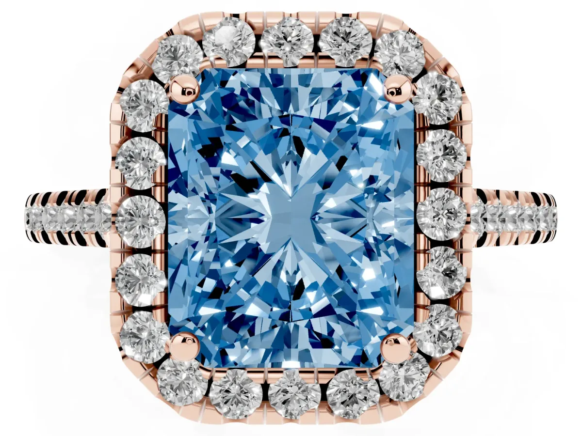 Fancy Blue Radiant Cut Diamond Cushion Halo Ring with Pavé Band Rose gold