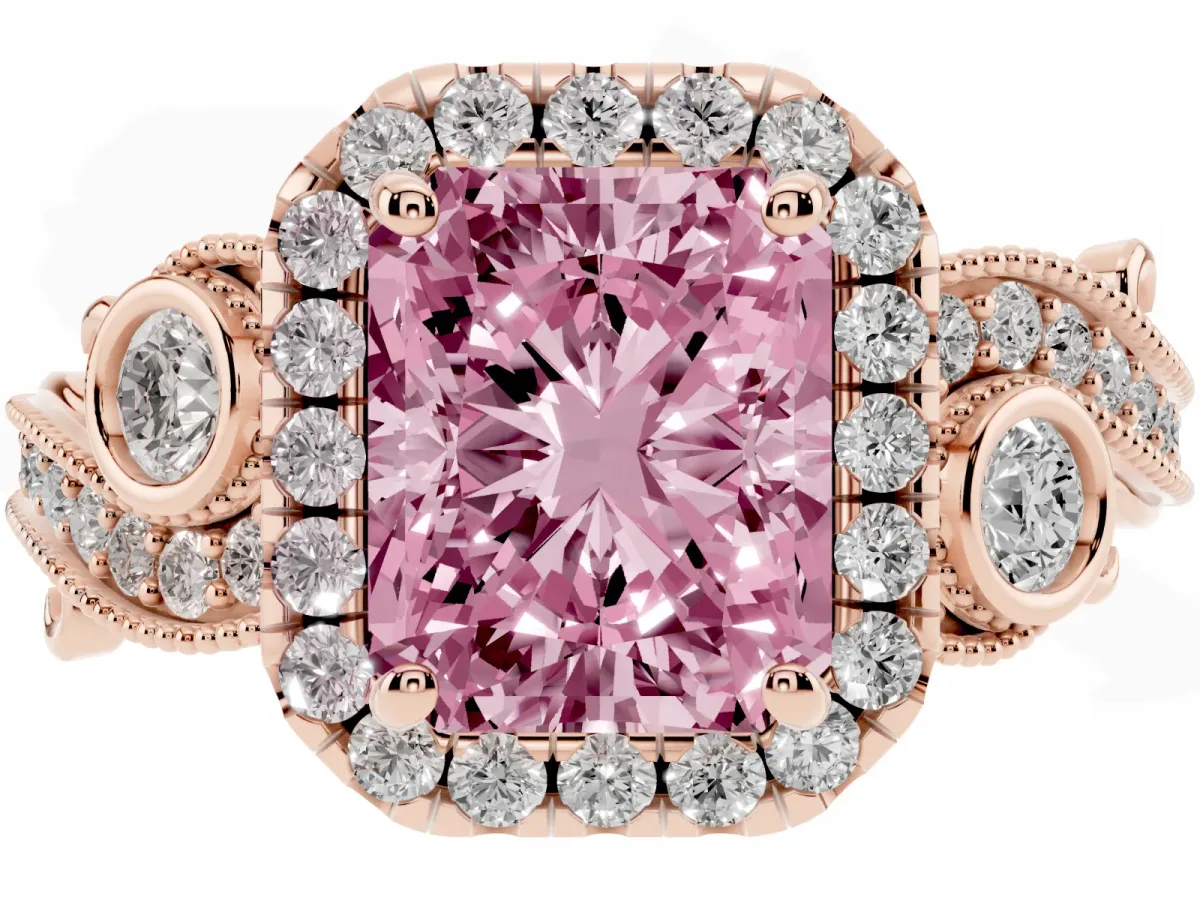 Fancy Pink Radiant Cut Diamond Halo Ring with Milgrain Pavé Band and Four-Prong Setting Rose gold