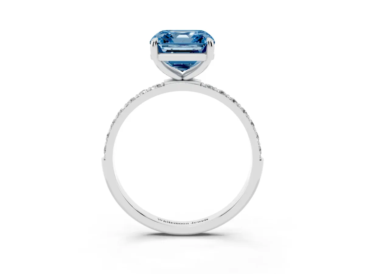 Fancy Blue Asscher Cut Diamond Solitaire Ring with Round Pavé Band and Prong Setting Silver