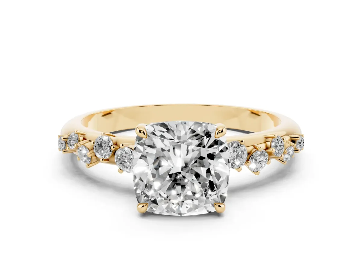 Cushion Cut Diamond Cluster Prong-Set Solitaire Ring Yellow gold