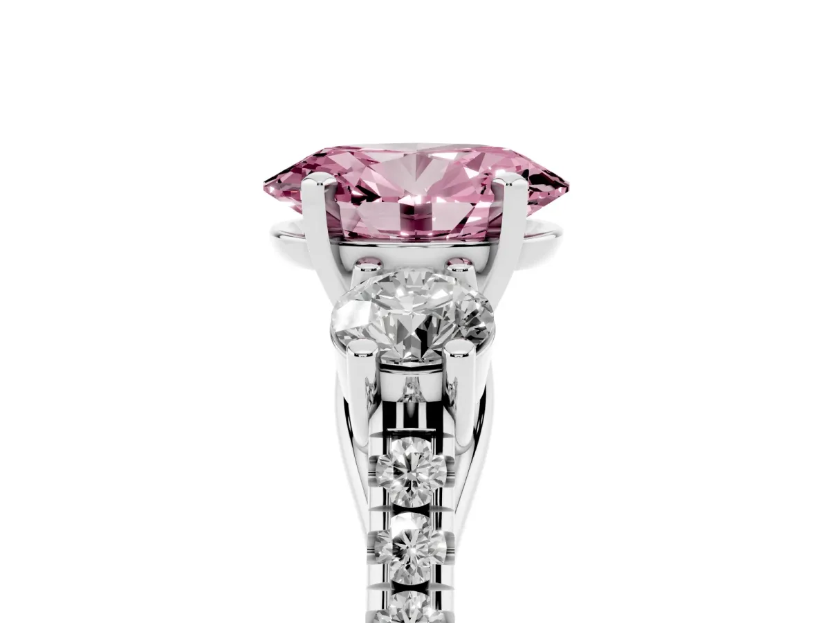 Fancy Pink Three-Stone Oval Cut Diamond Pavé Band with Four-Prong Setting Platinum