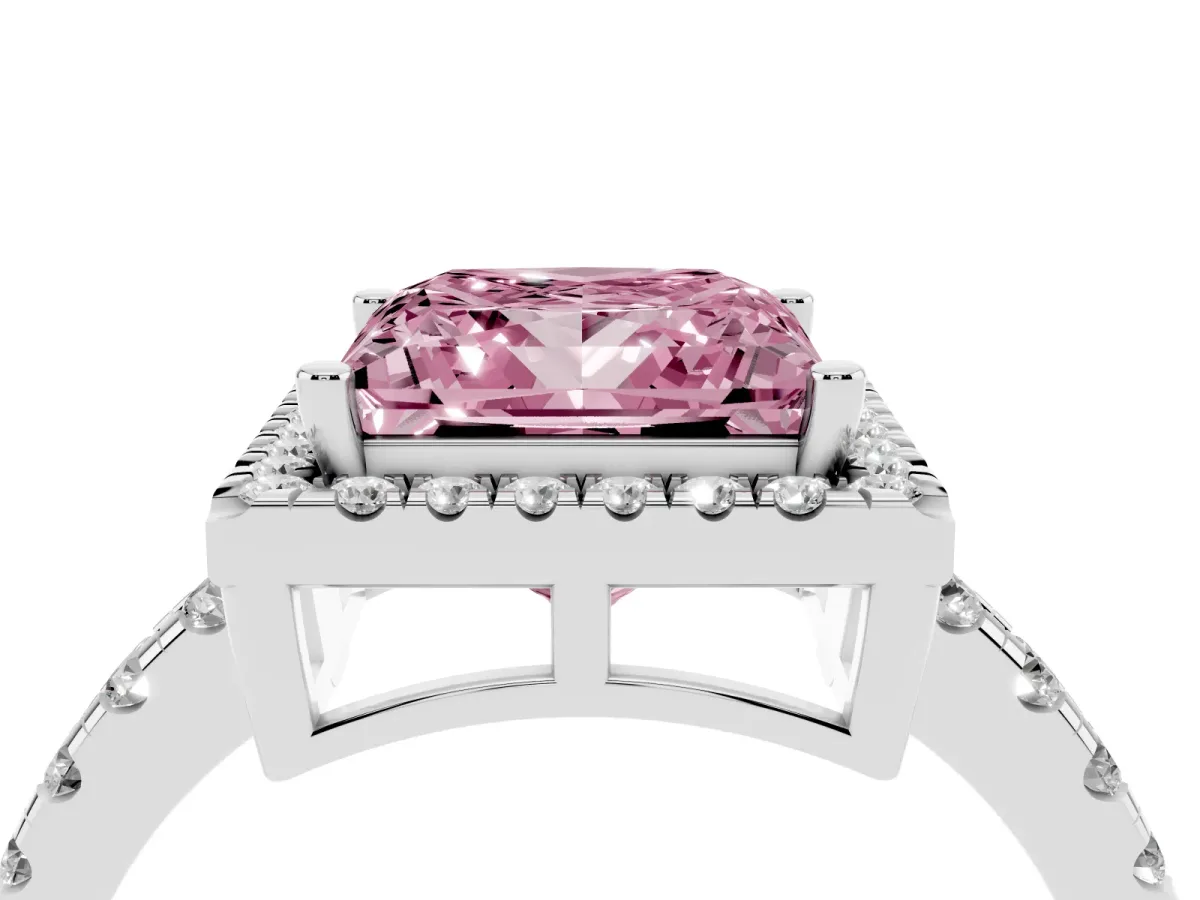 Fancy Pink Princess Cut Diamond Halo Ring with Pavé Band and Four-Prong Setting Platinum