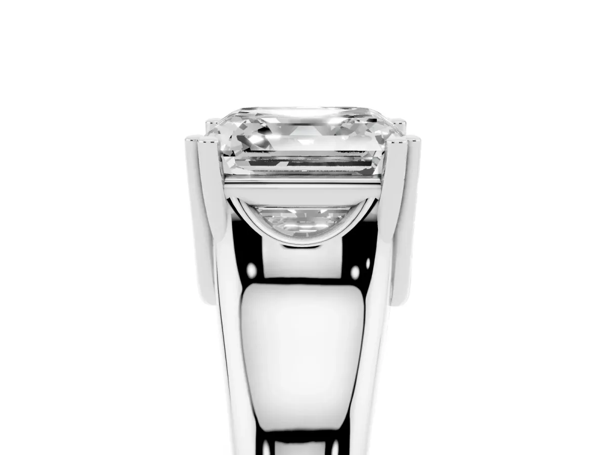 Asscher Cut Diamond Solitaire Ring with Wide Band and Prong Setting Silver