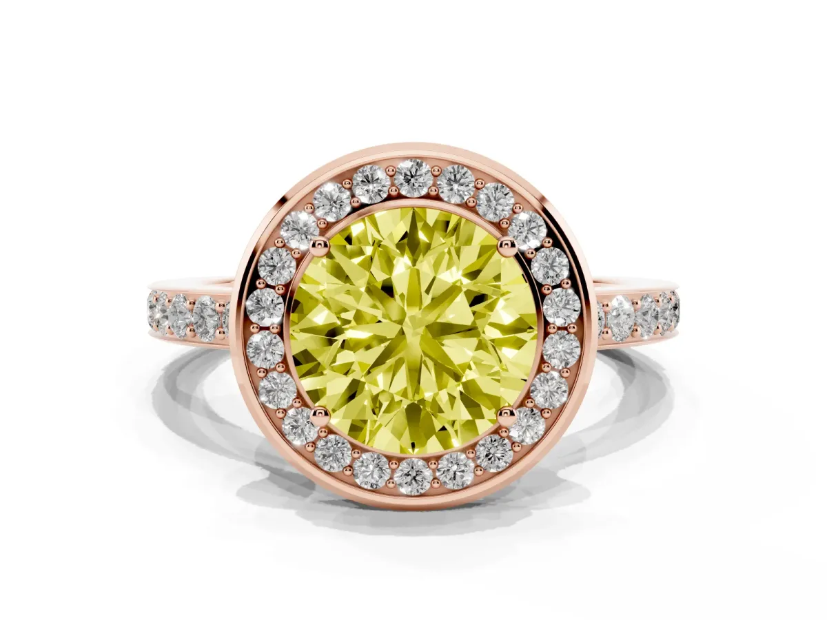 Fancy Yellow Round Cut Diamond Halo Ring with Bezel Frame and Pavé Band Rose gold