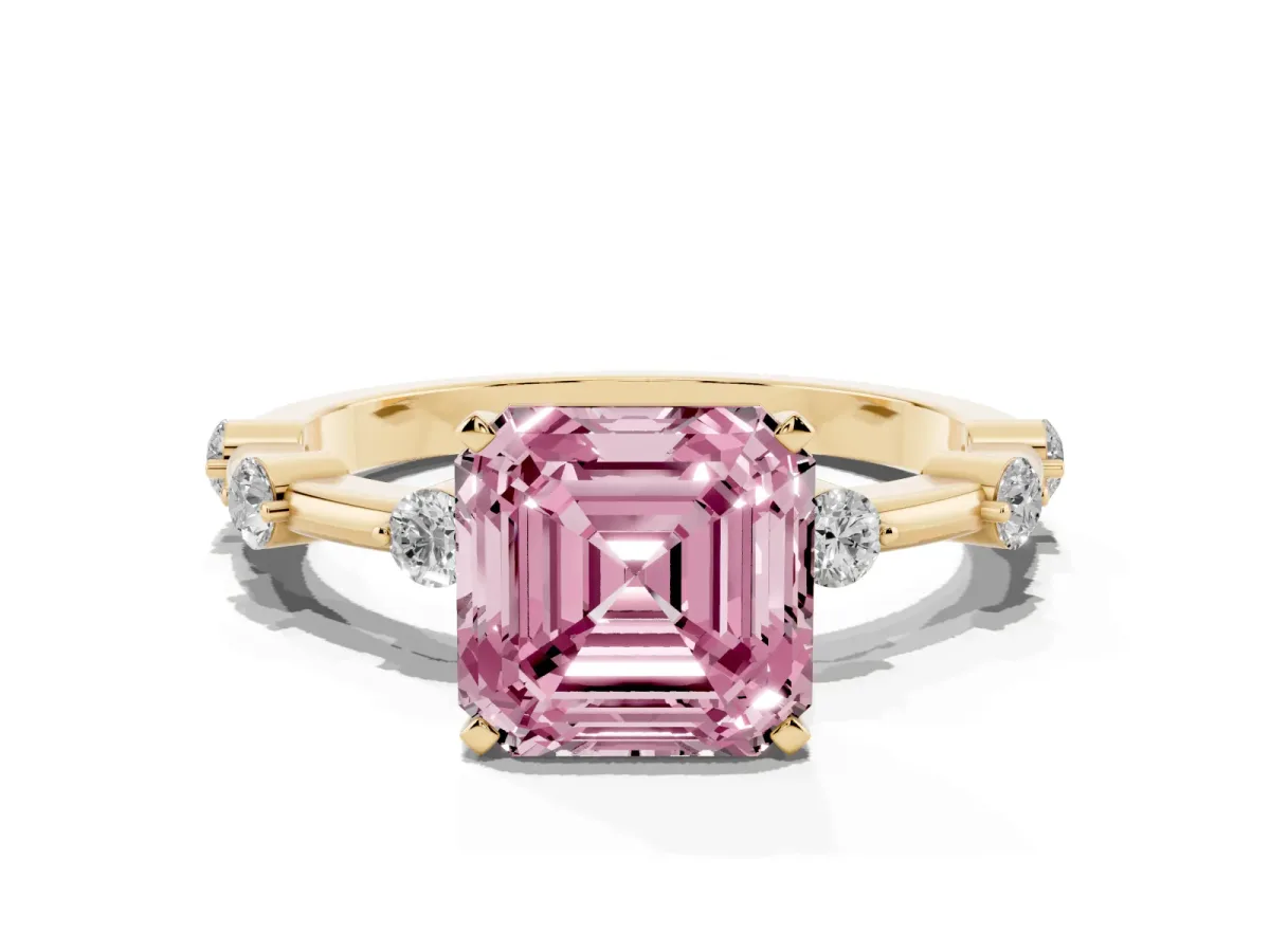 Fancy Pink Asscher Cut Solitaire Diamond Ring with Bezel Set Side Stones and Prong Setting Yellow gold