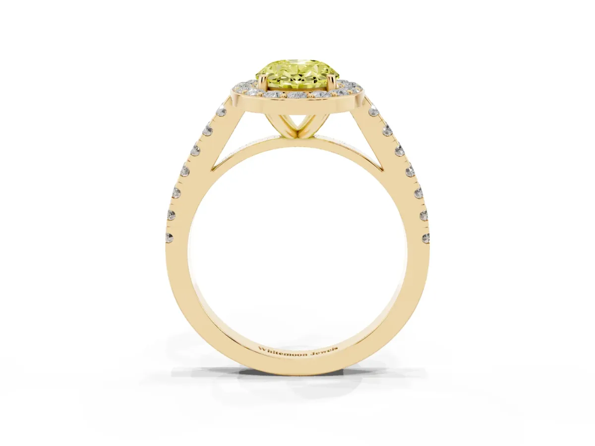 Fancy Yellow Oval Cut Diamond Halo Ring with Round Pavé Split Shank and Prong Setting Yellow gold