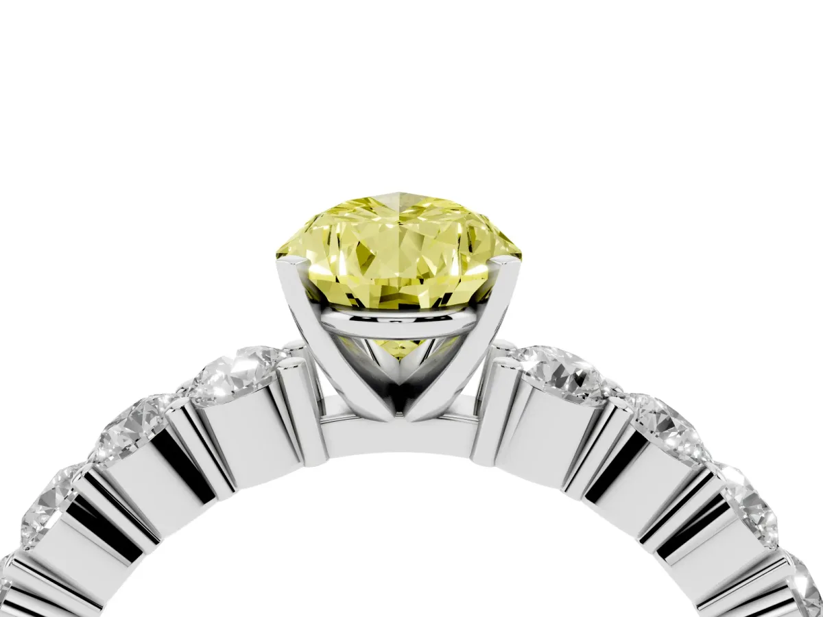 Fancy Yellow Pear Cut Diamond Solitaire Ring with Shared Prong Round Side Stones Silver