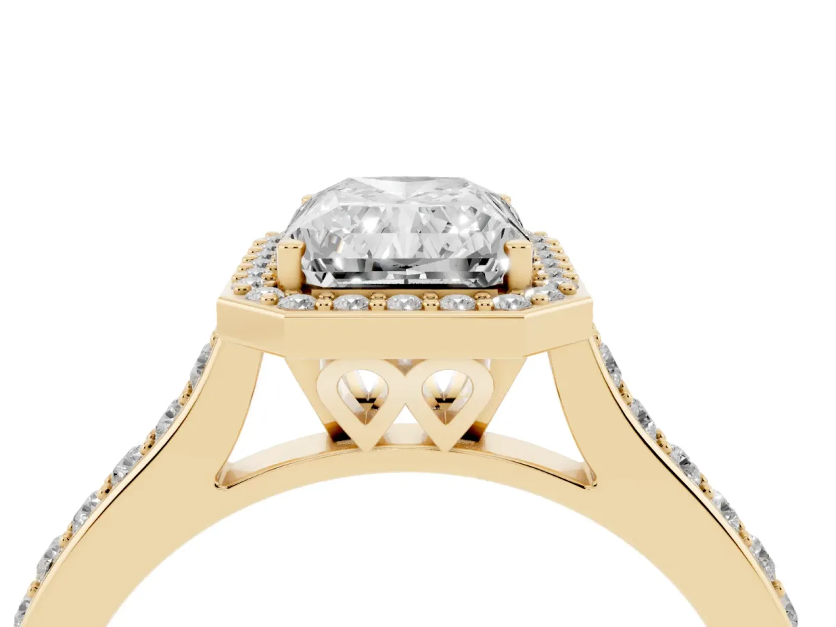 Radiant Cut Diamond Halo Engagement Ring with Round Pavé Shoulders and Prong Setting Yellow gold