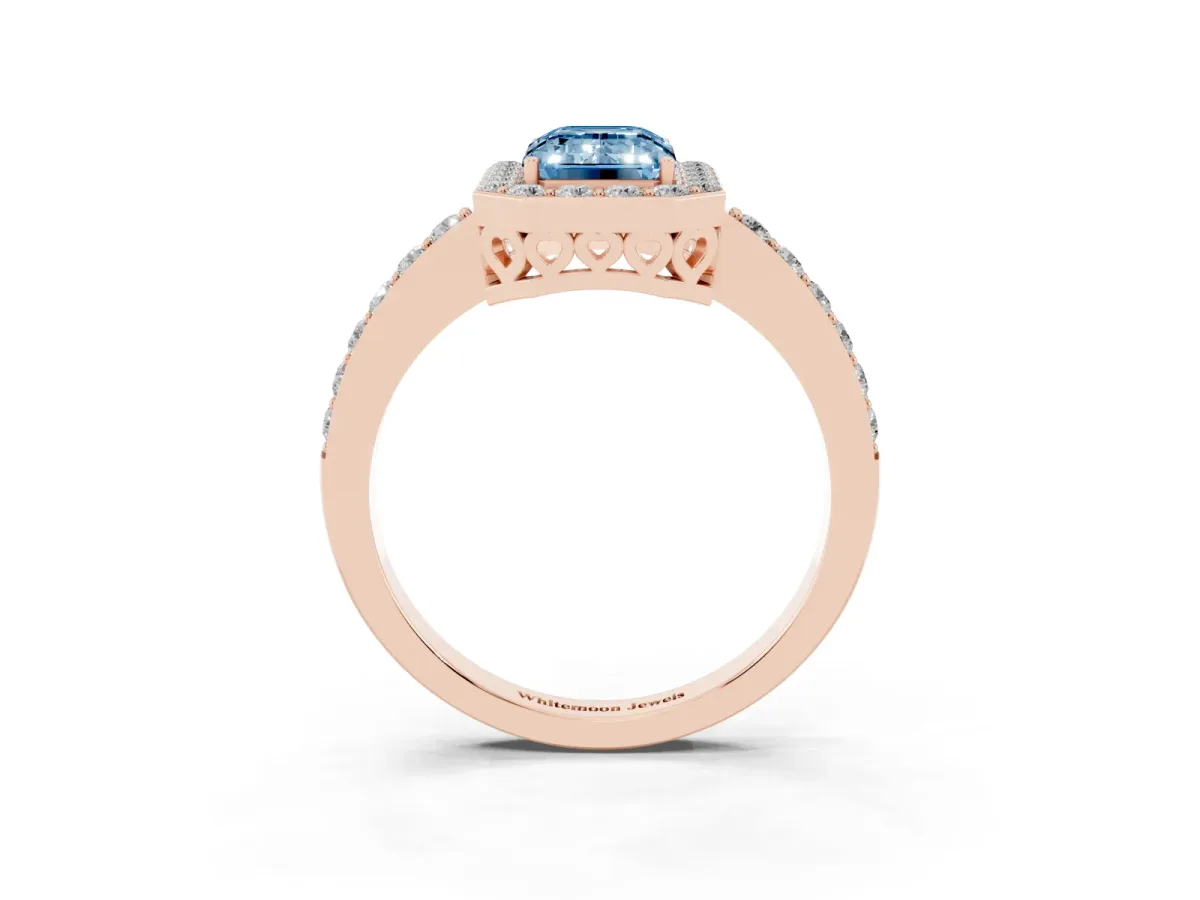 Fancy Blue Emerald Cut Halo Diamond Pavé Band Ring with Prong Setting Rose gold
