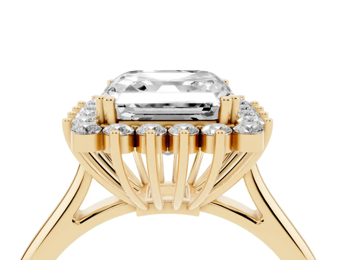Asscher Cut Cut Diamond Halo Ring with Solitaire Band and Prong Setting Yellow gold