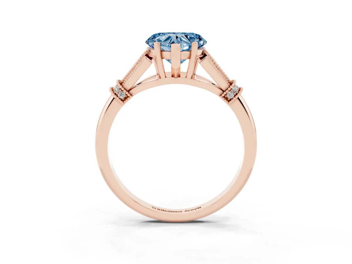 Fancy Blue Heart Cut Diamond Solitaire Ring with Floral Filigree and Pave Accents Rose gold