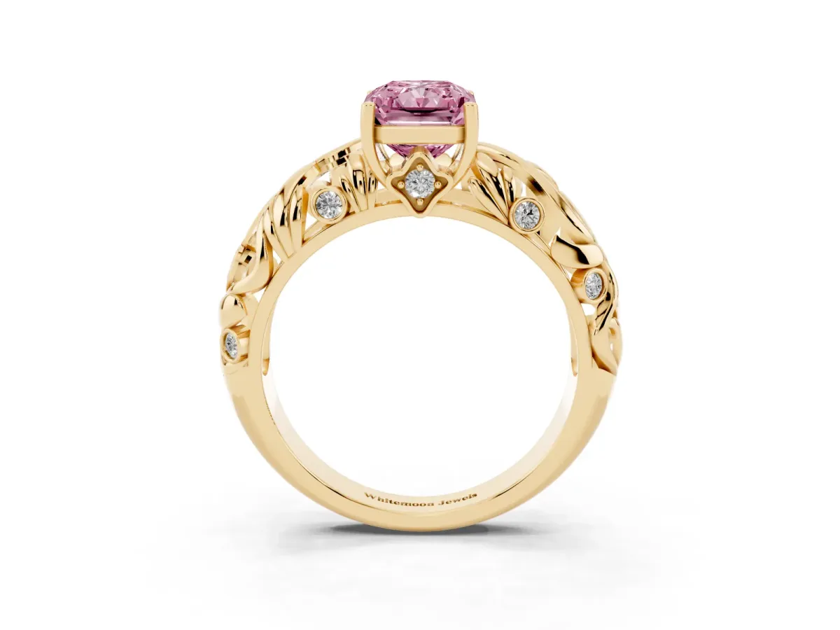 Fancy Pink Radiant Cut Solitaire Diamond Leaf-Inspired Vine Band Ring with Prong Setting Yellow gold