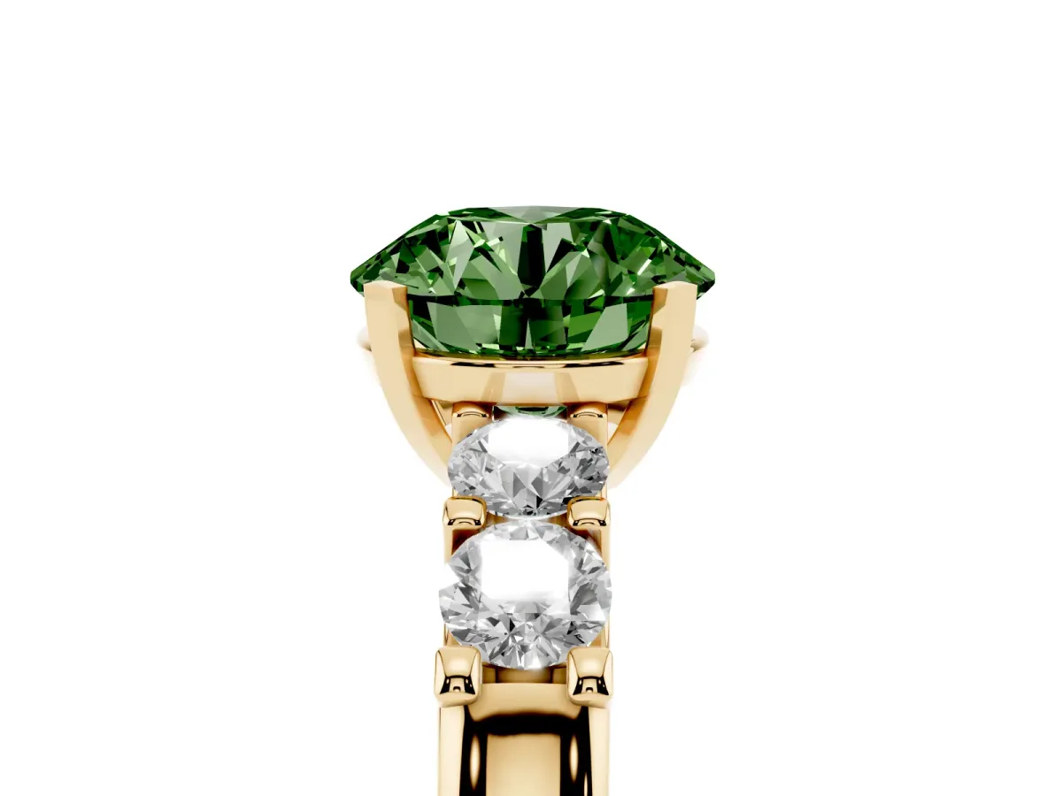 Fancy Green Round Cut Brilliant Cut Diamond Five-Stone Prong Set Engagement Ring with Channel Band Yellow gold