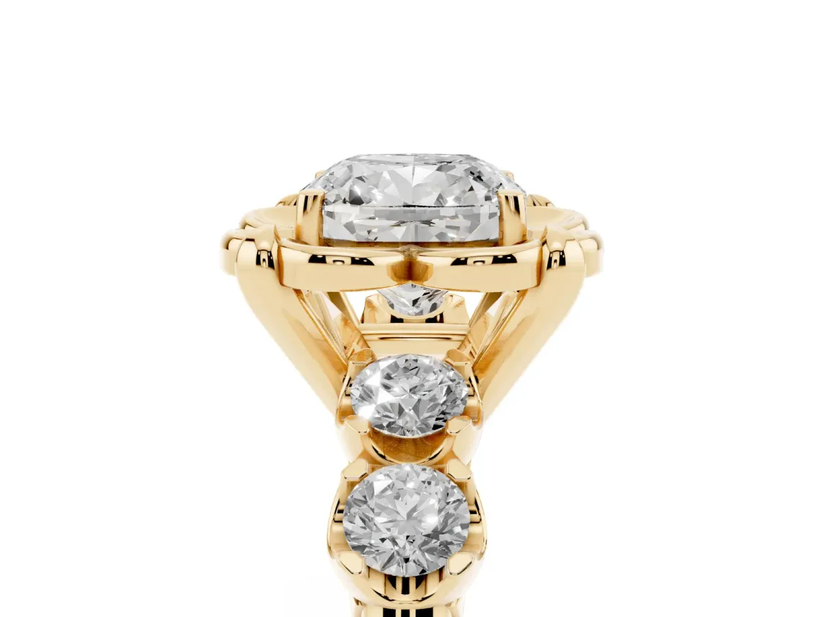 Cushion Cut Cut Diamond Floral Halo Engagement Ring with Shared Prong Setting Yellow gold