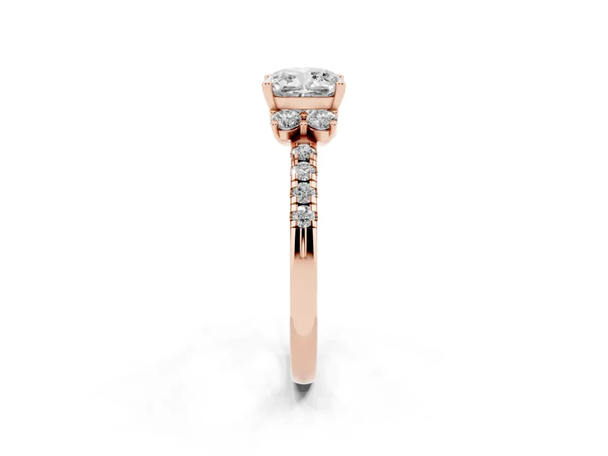 Cushion Cut Diamond Three-Stone Pave Band with Four-Prong Setting Rose gold