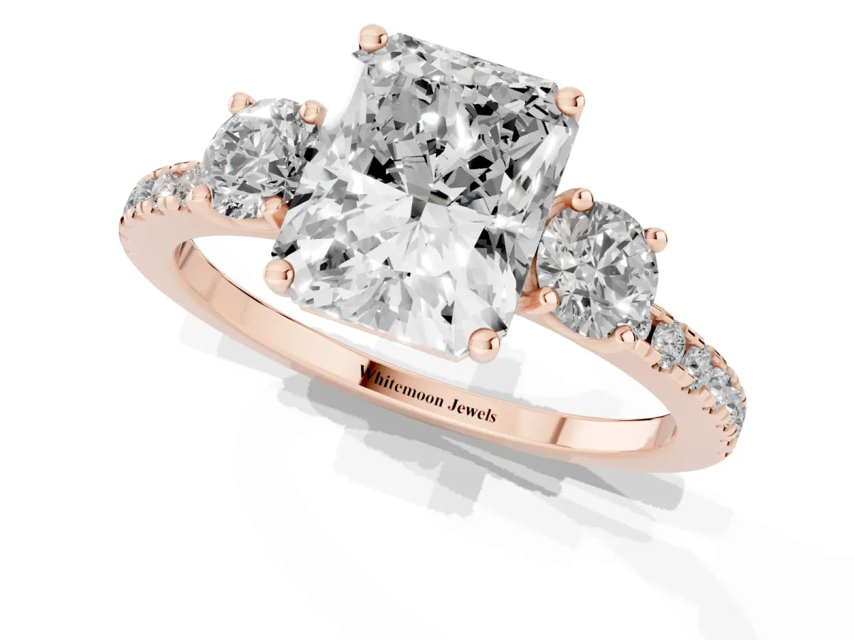 Three-Stone Radiant Cut Cut Diamond Pavé Band with Prong Setting Rose gold