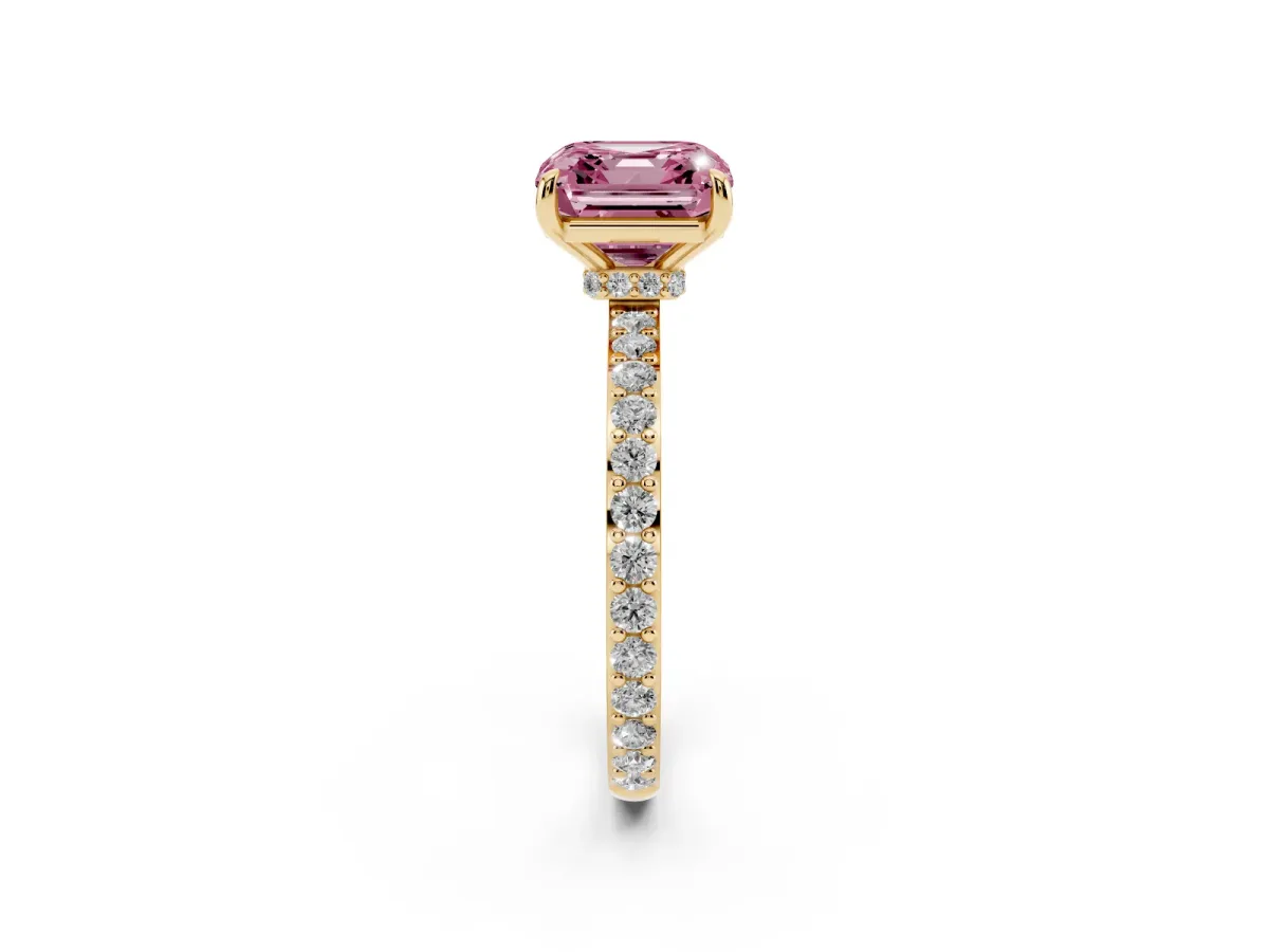 Fancy Pink Asscher Cut Diamond Pavé Engagement Ring with Round Accents and Prong Setting Yellow gold
